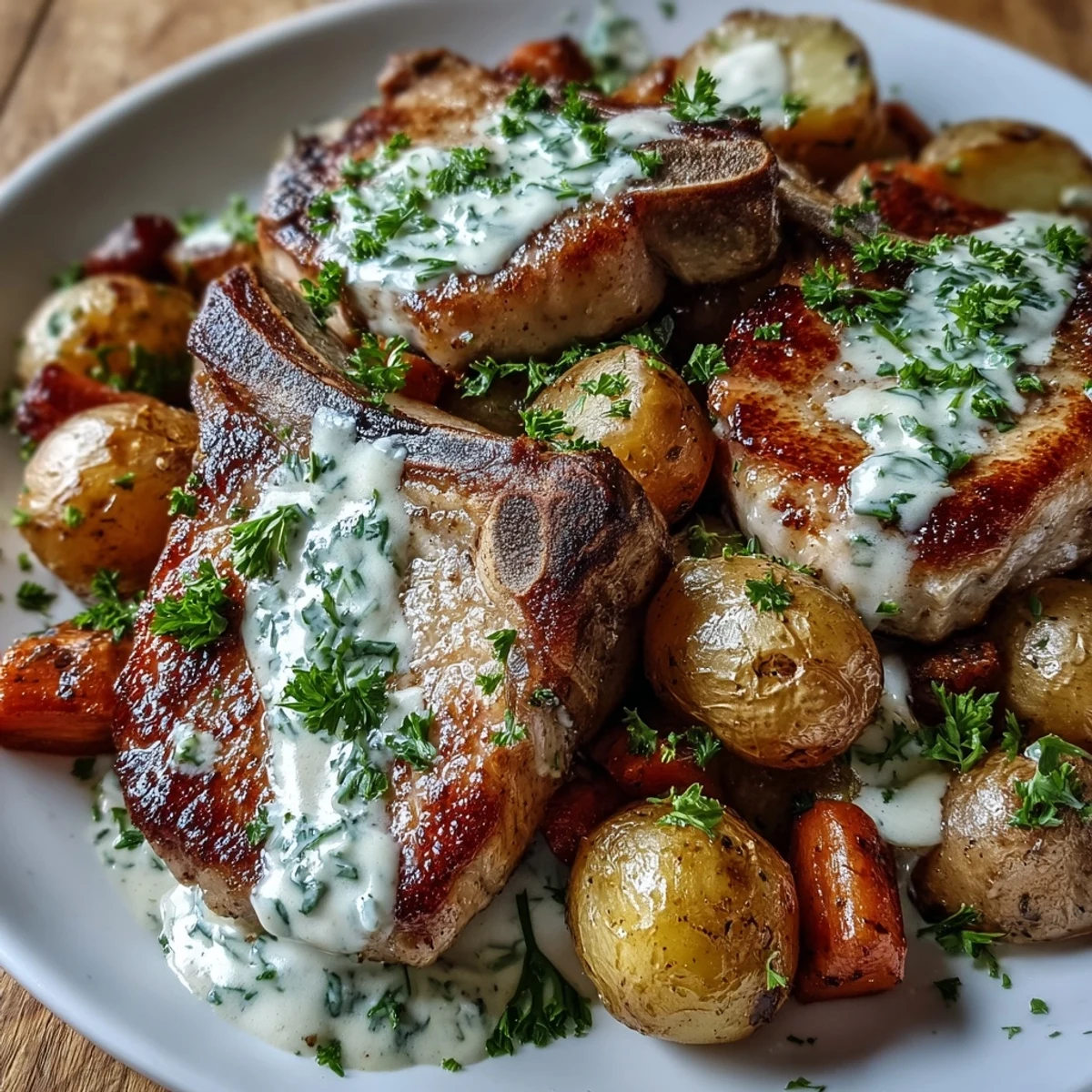 Sizzling Crockpot Ranch Pork Chops served over creamy mashed potatoes with tender carrots.
