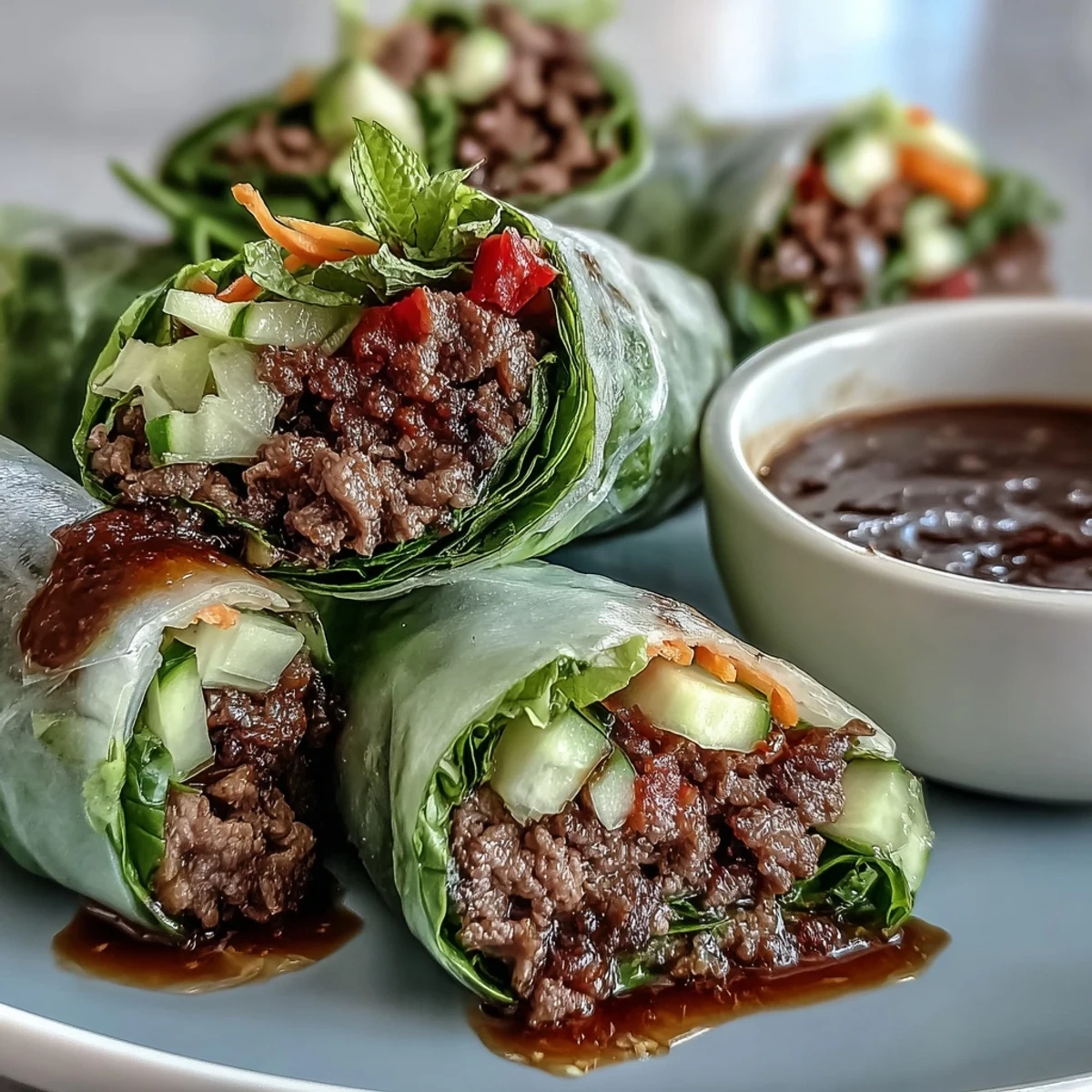 Freshly rolled Thai Basil Beef Rolls filled with savory beef, crisp veggies, and soft rice paper, served with a spicy dipping sauce.