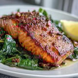 Perfectly cooked air fryer salmon with crackling skin alongside tender Swiss chard for a healthy dinner.