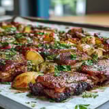 Golden pork slices with tangy rhubarb and red onion wedges, glazed with honey and warming spices.  