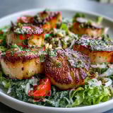 Elegant Seared Scallops with Escarole Salad and Pesto Vinaigrette served on a white plate, perfect for a quick dinner.