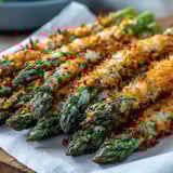 Close-up of Crispy Asparagus Asiago Spears showing the crunchy panko and Asiago crust over tender green spears.