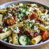 Vibrant Greek Pasta Salad with Olives and Feta: hearty pasta dish featuring briny olives, tangy feta, and fresh vegetables for picnics.