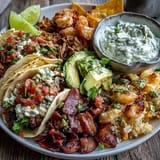 Cinco de Mayo taco bar spread with sizzling chicken, beef, and beans, surrounded by fresh toppings and warm tortillas for DIY tacos.