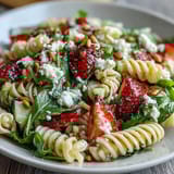 Colorful bowl of pasta salad featuring sweet strawberries, tangy feta, and fresh arugula, tossed in a balsamic dressing.  