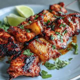 Smoky al pastor marinated chicken and sweet pineapple grilled to perfection on skewers.  