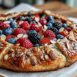 Rustic galette showcasing fresh summer berries on a crisp, buttery almond crust.