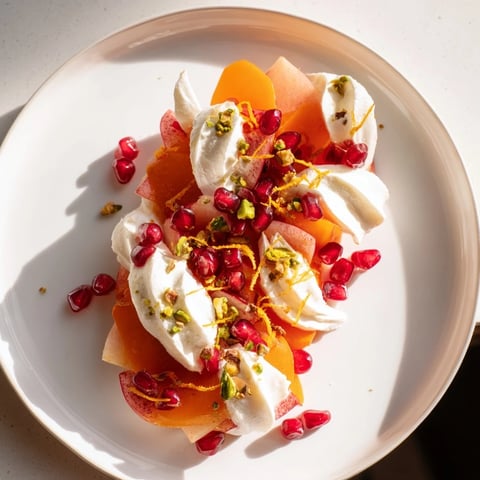 Winter Fruit Snowscape with persimmons and pears, drizzled with creamy mascarpone and pistachios.