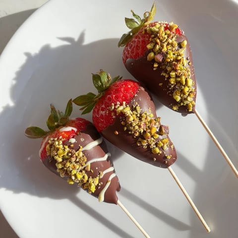 Fresh chocolate-dipped strawberry skewers glistening, a perfect sweet treat for any celebration or romantic date night.