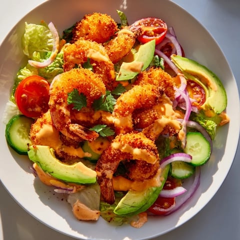 Golden, crispy Spicy Crispy Shrimp Salad pieces atop vibrant greens and creamy avocado, ready to be enjoyed.