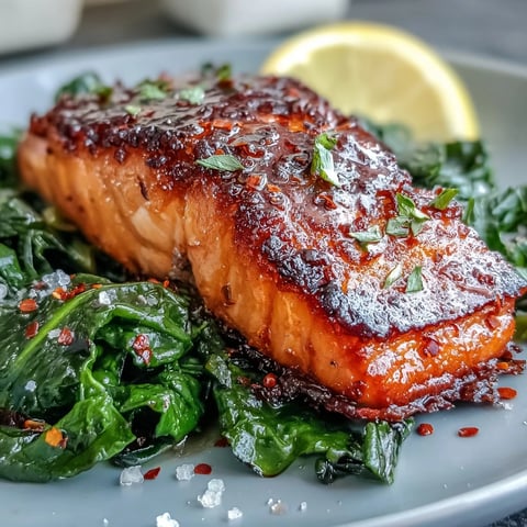 Crispy air fryer salmon fillets served over garlicky Swiss chard, topped with fresh lemon wedges.