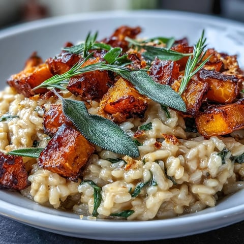 Creamy Vegan Pumpkin Risotto topped with crispy sage leaves, served steaming in a rustic bowl. 