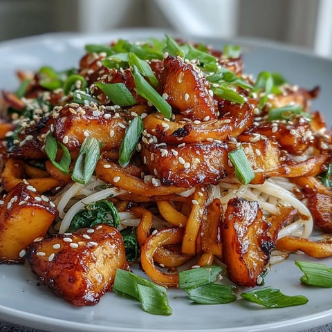 Golden roasted swede ribbons tossed with Gochujang Swede Noodles and sesame seeds in a bowl.