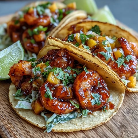 Golden-brown Sriracha Shrimp Tacos with Mango Salsa are garnished with fresh cilantro and served on a wooden board.