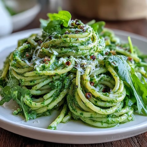 Creamy Linguine with Arugula Pesto twirled on a fork with bright green sauce.