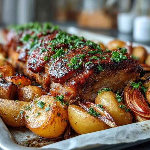 Tender roasted pork shoulder and caramelized rhubarb on a rustic traybake, garnished with fresh parsley.  