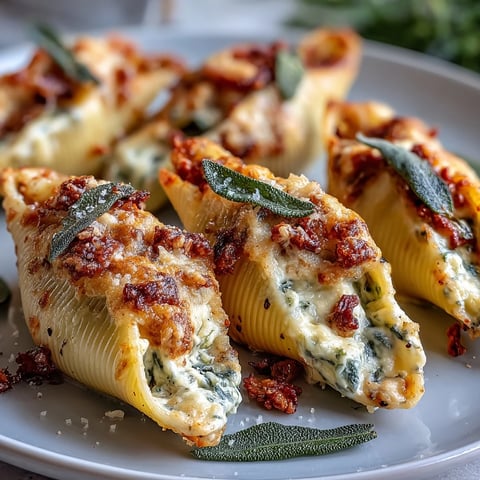 Golden, bubbly Pumpkin & Gouda Stuffed Shells fresh from the oven, drizzled with brown butter sage Alfredo sauce.