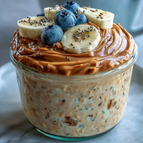 Creamy High-Protein Peanut Butter Overnight Oats topped with banana slices and chopped peanuts in a glass jar.