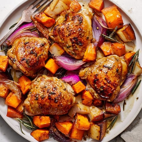 Aromatic Honey-Glazed Chicken Recipe with colorful carrots, parsnips, and sweet potatoes roasting to perfection.