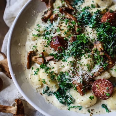 Woodsy skillet sausage and mushroom gnocchi steaming hot, showcasing a creamy sauce and crispy sausage.