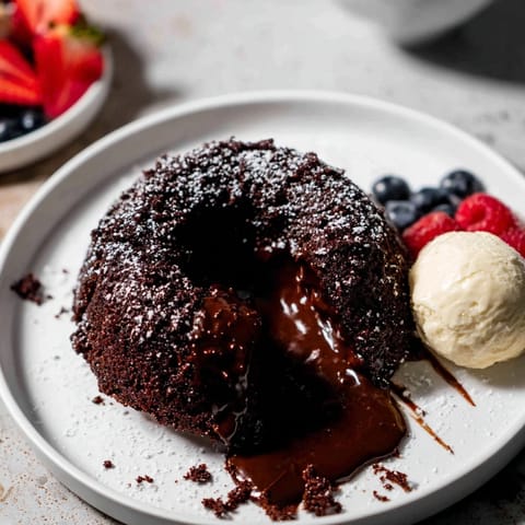 Molten chocolate center bursts from these delightful dark chocolate lava cakes, ready to enjoy.
