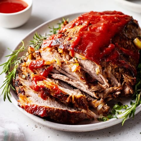 Golden-topped Everyday Herb-Sprigged Turkey Meatloaf with a glistening glaze, ready to serve with sides.