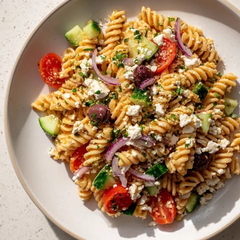 A refreshing Mediterranean Olive Oil and Feta Pasta Salad, ready to enjoy at a summer picnic.