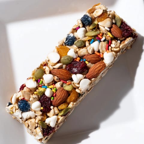 Sweet and chewy Winter Wonderland Trail Mix Bar, packed with fruits and nuts, perfect for snacking.