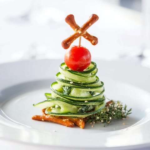 Crisp spiral cucumber ribbons shaped into festive Christmas tree appetizers, garnished with herbed cream cheese.