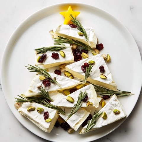 Delicious creamy Simple Brie Triangle Cheese Tree, ready to serve with crackers for holiday entertaining.