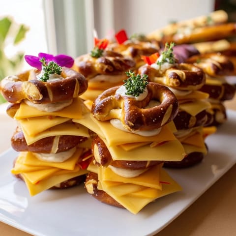 A beautiful Rustic Log Cabin made of pretzel rods, cheese, and fresh herbs, ready to serve and enjoy.