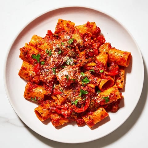 A close-up of vibrant One-Pot Diavola Spicy Pasta showcases the red pepper flakes and Parmesan.