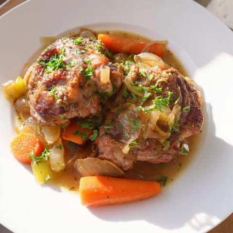 Slow-cooked Georgia Pot Roast Chicken shows juicy chicken thighs nestled among soft vegetables in a rich sauce.