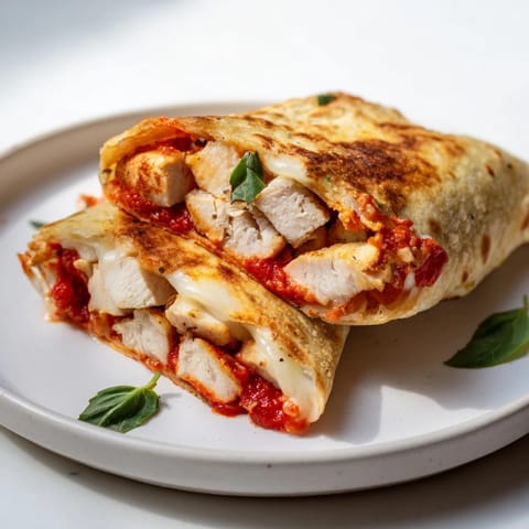 Folded Tortilla Pizza Wrap, golden-brown and steaming, featuring marinara sauce and cooked chicken.