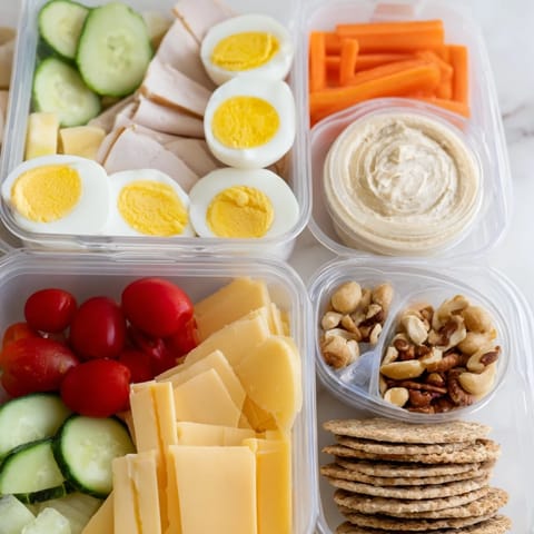 Vibrantly arranged Protein Snack Boxes featuring sliced chicken, fresh veggies and cheese cubes.