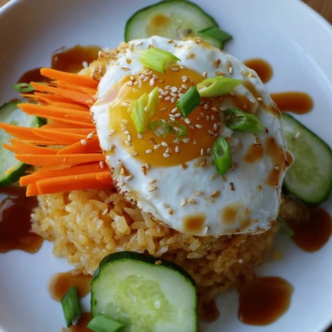 This crispy egg rice bowl showcases a perfectly cooked fried egg over flavorful, crunchy rice.