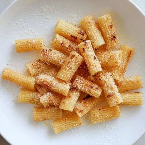 A close-up of crunchy pasta chips, seasoned with Parmesan and herbs, ready to be enjoyed.
