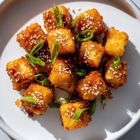 Close-up of freshly glazed Honey Sriracha Tofu Nuggets, coated in sesame seeds, a tasty snack.
