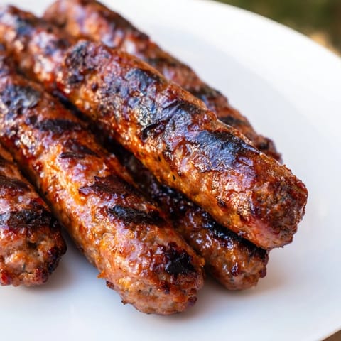 Delicious homemade Romanian mici sausages, perfectly grilled with a beautifully charred exterior.