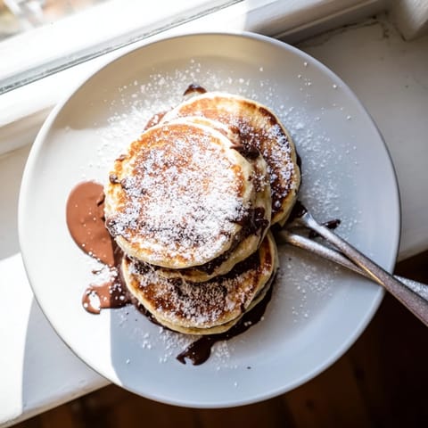 Fluffy, golden Nutella Stuffed Pancakes are served warm with fresh berries and a drizzle of extra chocolate hazelnut spread.