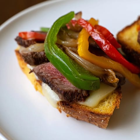A close-up view shows the gooey provolone pulling away from the toasted bread of a savory Philly Cheesesteak Grilled Cheese.