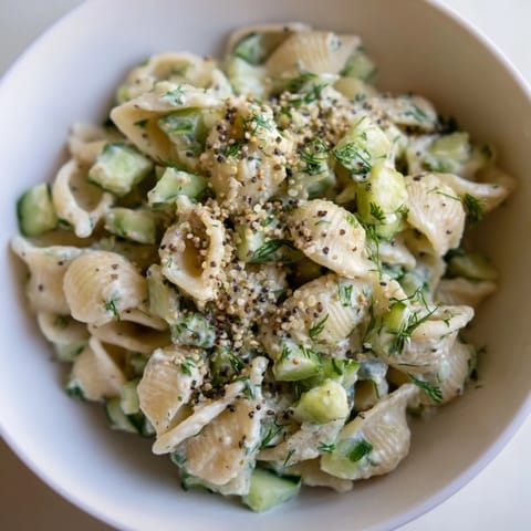 A close-up view of Cucumber Crunch Pasta Salad with everything bagel seasoning, green onions, and a sprinkle of herbs for summer picnics.  