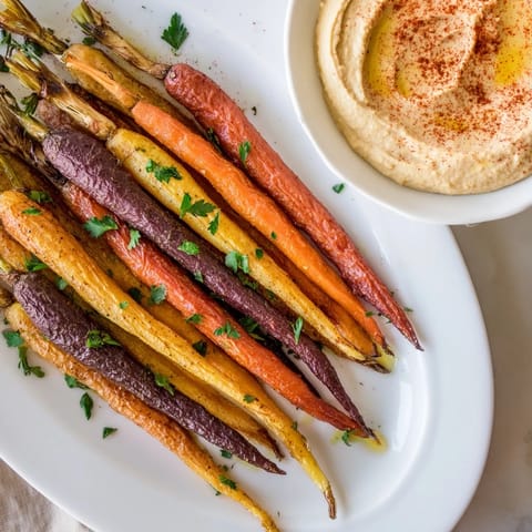 Savory roasted rainbow carrots served warm alongside homemade hummus, perfect for dipping and sharing at a Mediterranean-inspired snack spread.