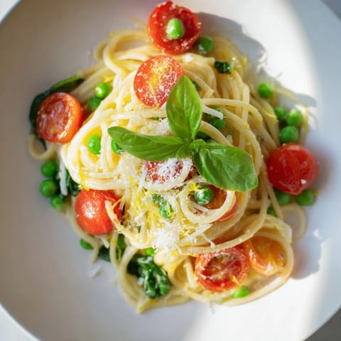 A close-up of Spring Veggie One-Pot Spaghetti with al dente spaghetti, peas, spinach, and bright cherry tomatoes in a white bowl.