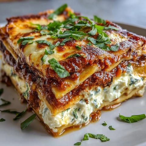 This one-pan smoky veggie lentil lasagne showcases bubbling cheese and visible layers of red lentils and sautéed mushrooms on a rustic wooden table.