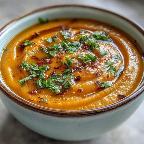 Smooth, golden Carrot, Celeriac and Chilli Soup ladle into a rustic stoneware bowl, revealing a silky texture flecked with specks of spice.