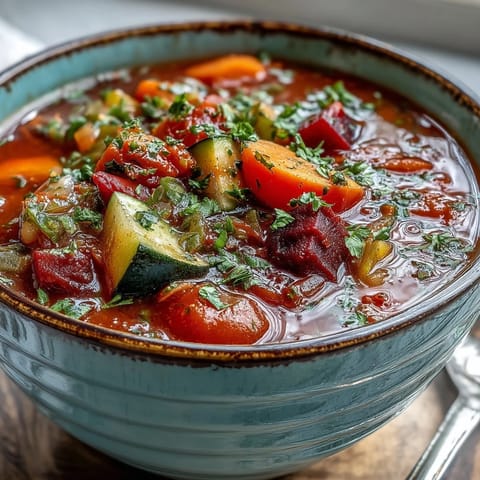 This hearty Rainbow Vegetable Detox Soup is served with whole-grain bread for dipping alongside.