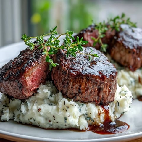 Tender venison steaks rest atop creamy, buttery swede mash, highlighted by golden caraway seeds and a rustic, comforting presentation.