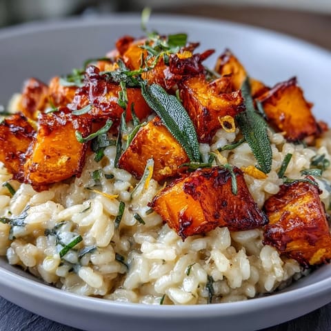 Autumnal Vegan Pumpkin Risotto plated with roasted pumpkin cubes and a sprinkle of lemon zest. 