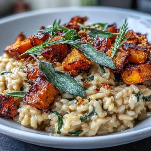 Creamy Vegan Pumpkin Risotto topped with crispy sage leaves, served steaming in a rustic bowl. 